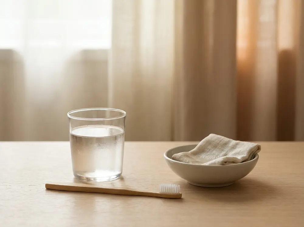 Wasserglas, weiche Zahnbürste und Kühlkompresse auf einem Tisch