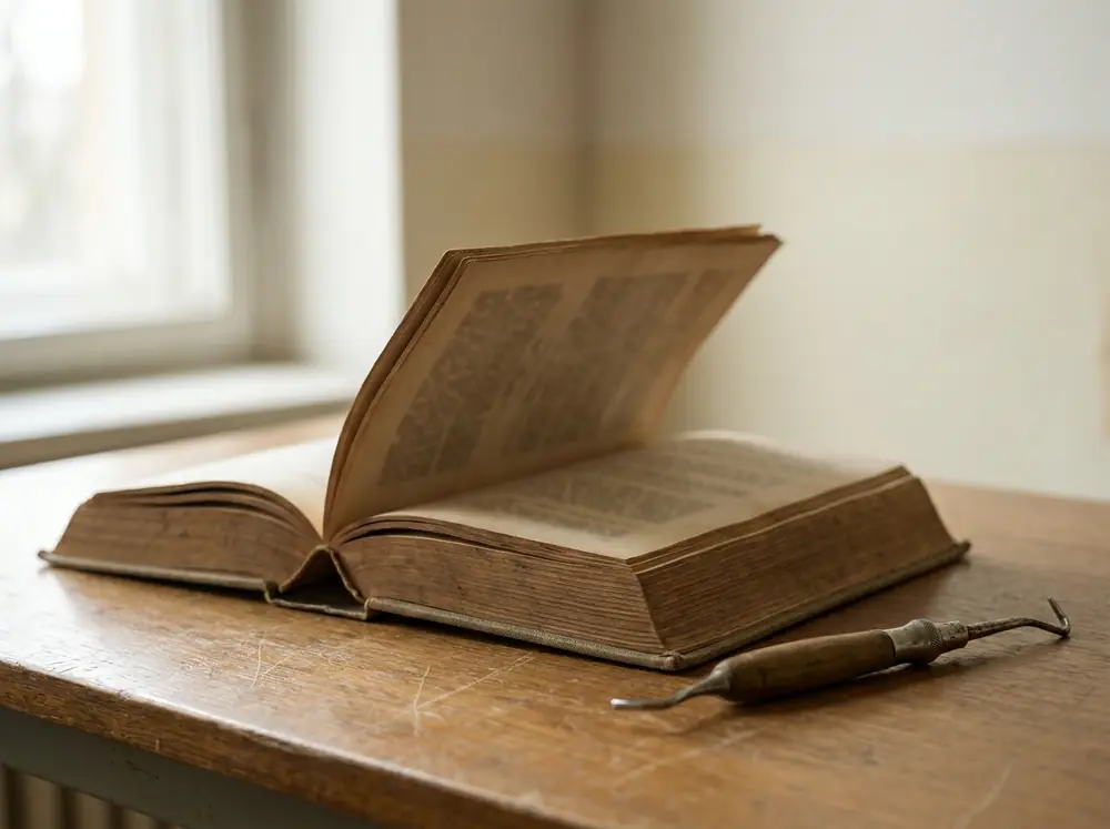 Aufgeschlagenes altes Fachbuch neben einem historischen Instrument
